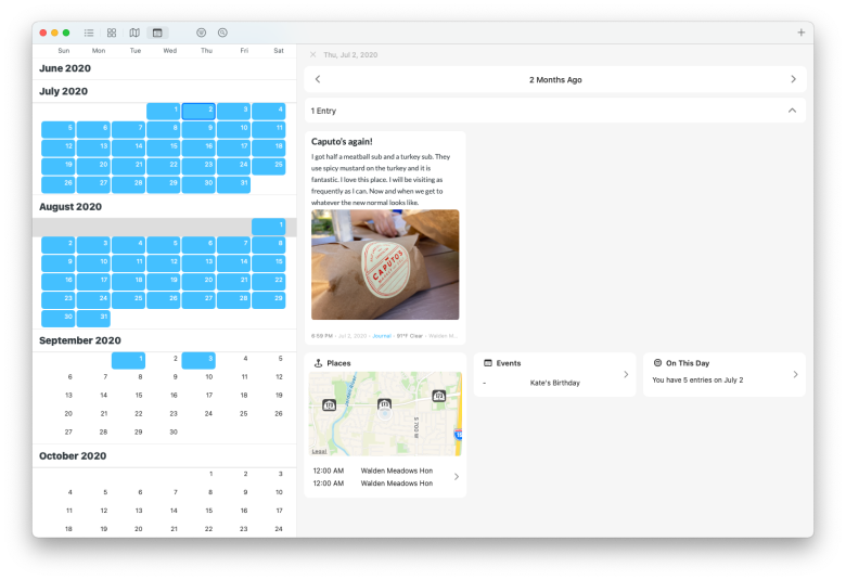 Day One Journaling App Review: Screenshot of Day One in desktop mode displaying the calendar view and a journal entry.